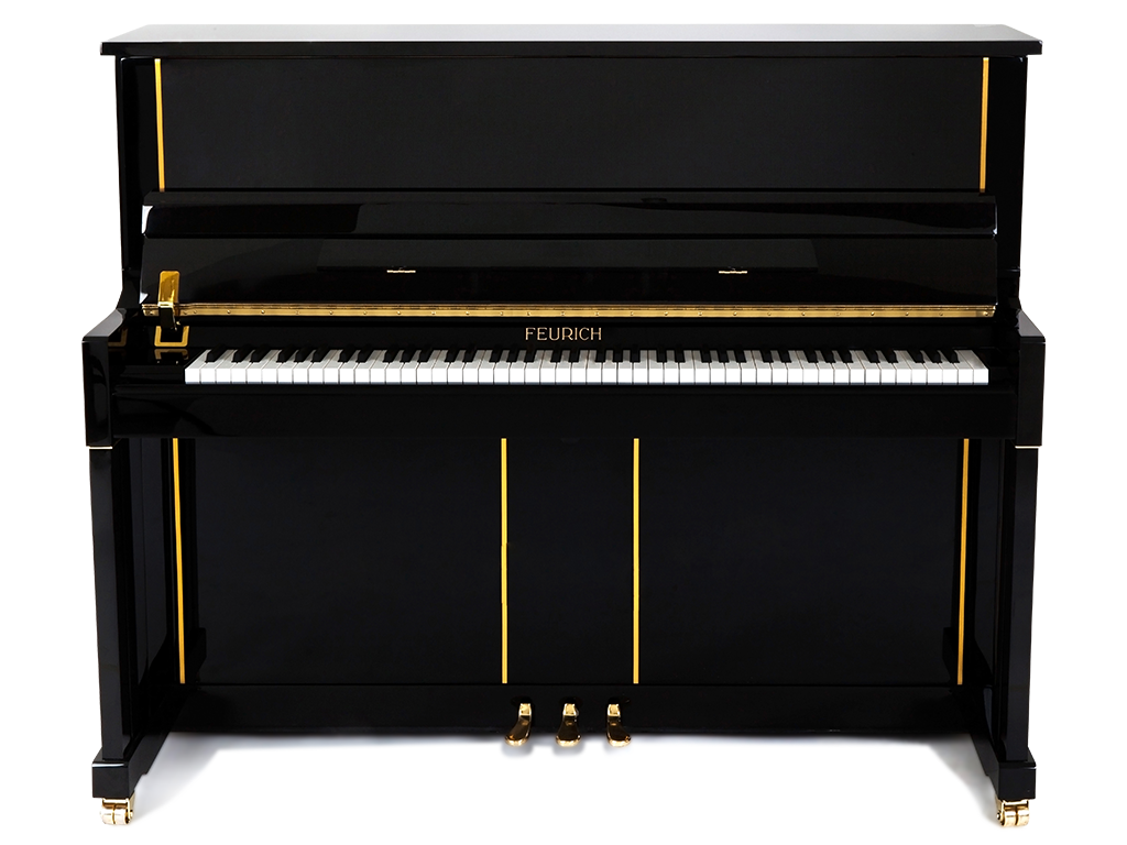 piano off 様 Feurich 125 Design Polished Ebony Upright Piano (Brass) – Heuer Pianos