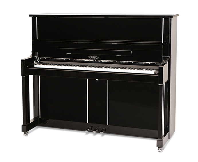 Feurich 125 Design Polished Ebony Upright Piano (Brass) – Heuer Pianos